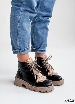 Sale женские кожаные черные ботинки зимние ботинки теплые на меху натуральная кожа зима