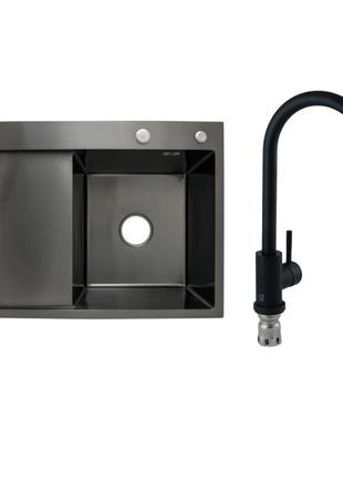 Готове рішення для кухні lidz handmade h6350bl мийка інтегроване крило зліва brushed black pvd+lidz aria