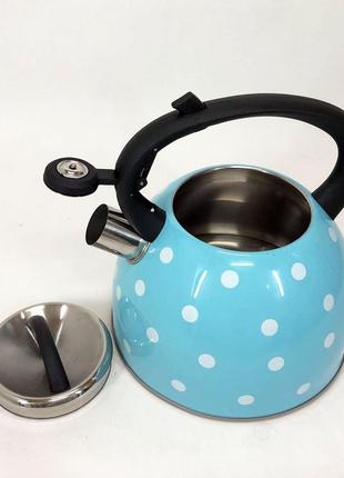 Чайник із свистком для газової плити unique un-5301 2,5л горошок, металевий чайник. колір: блакитний2 фото