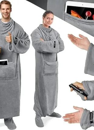 Плед-халат длинный теплый с карманами из мягкого полиэстера серый owersize salemarket