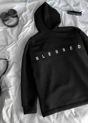 Жіночий подовжений худий оверсайз батник з написом blessed турецька триніть кофта на флісі з капюшоном 42-48