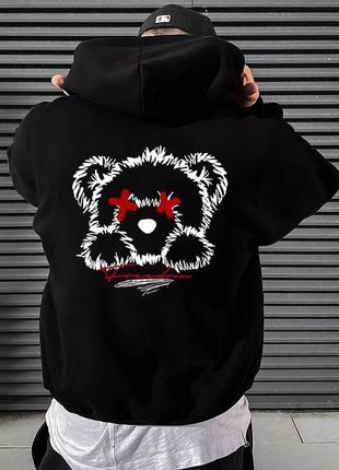 Чоловіче чорне стильне оверсайз худі з трендовим принтом