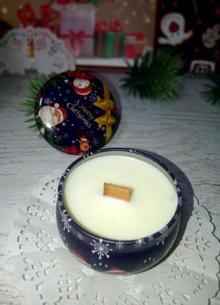 Новорічна соєва ароматична свічка з дерев'яним фітілем, об'єм 140 мл., аромат...
