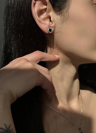 Комплект украшений клевера с натуральным черным агатом, серьги+цепочка с кулоном, серебро 925 проби