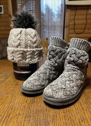 Чоботи ugg в'язані з бантиком і шапка ugg