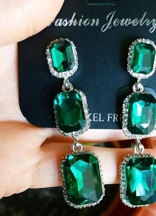 Серьги серьги вечерние зеленые длинные стразы