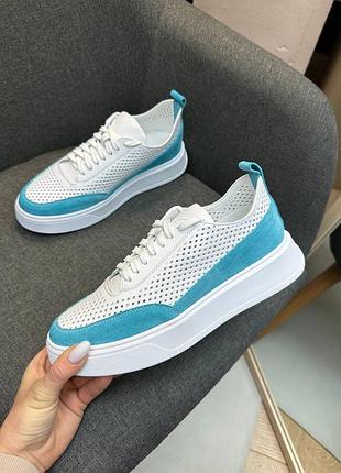 Білі з бірюзовим кеди кросівки з перфорацією натуральна шкіра та замша