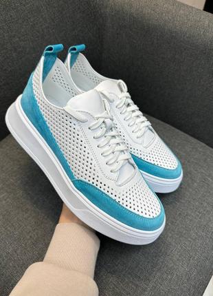 Білі з бірюзовим кеди кросівки з перфорацією натуральна шкіра та замша