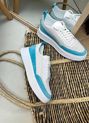 Білі з бірюзовим кеди кросівки з перфорацією натуральна шкіра та замша