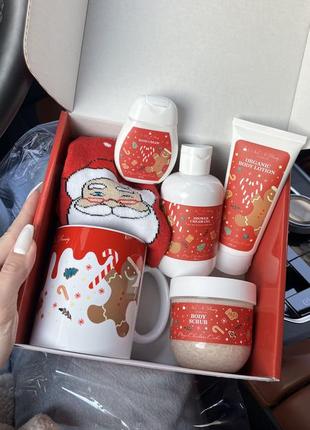 Новогодний подарочный набор nanibeauty: гель для душа, скраб для тела, лосьон для тела, крем для рук, чашка новогодняя, носки)