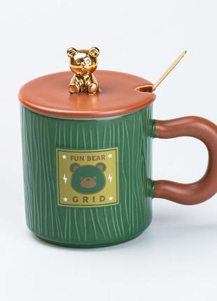 Чашка з кришкою та ложкою 300 мл керамічна "ведмедик" зелена