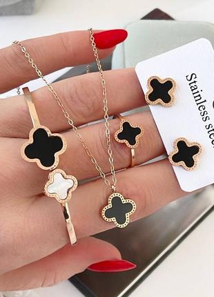 Набор медсталь, клевер клевер ванклиф черный под оникс, серьги гвоздики, подвеска колье, браслет разъемный, кольцо