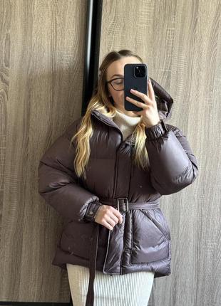 Новий шоколадний пуховик куртка на зиму пуффер теплий з капюшоном