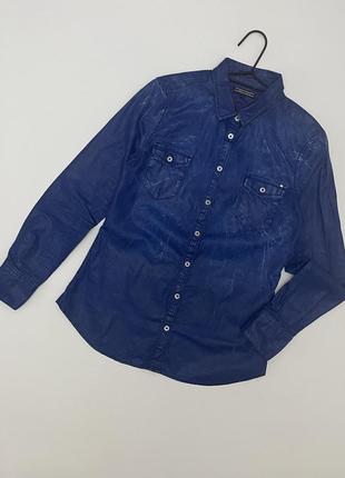 Рубашка женская синяя джинс с напылением tommy hilfiger, размер s-m