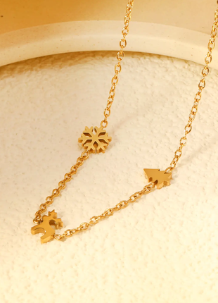 Новогодняя, рождественская тема колье, цепочка подвески снежинка, елочка, олень медзолото, позолота 18к