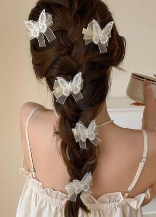 Бантики для волос белые бабочки с жемчужинками на заколках ленты бабочки заколочки