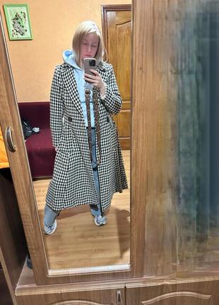 Двубортное теплое макси пальто в гусиную лапку