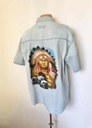 Винтаж джинсовая рубашка с коротким рукавом рисунок индеец мотоцикл ретро f&d jeans 90е