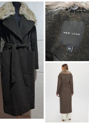 Длинное пальто на запах пояс сьемный меховый воротник