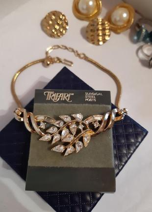 Шикарне кольє чокер trifari crown  1954,антікваріат, дивовижні багетні кристали, позолота,american vintage
