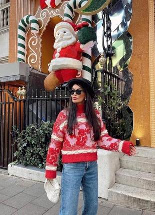 Свитер укороченный теплый красный с узором с цветами вязаный zara s m 1822/125
