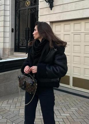 Дубленка куртка черная овчина теплая зима oversize s m zara 3548/245