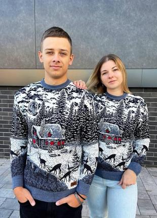 Светр новорічний різдвяний  модель "будиночок" без горла джинс