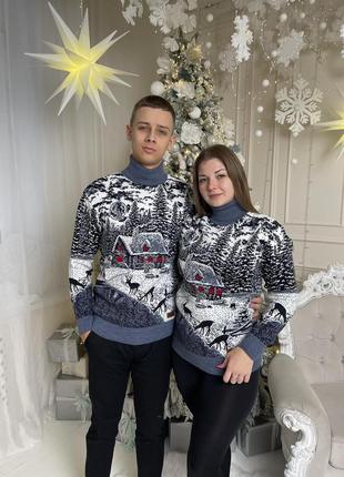 Светр новорічний різдвяний модель "будиночок" без горла чорний