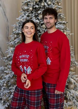 Новогодние теплые пижамы с начесом family look парные пижамы для фотосессии женская утепленная пижама