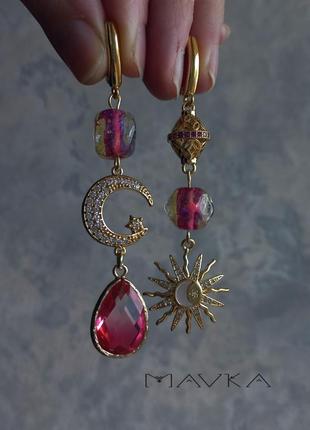 Асимметричные серьги "1000 и 1 ночь" лемпурк кварц розовый кварц