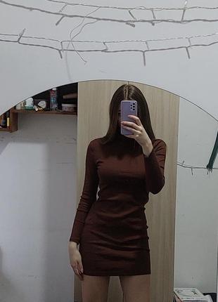 Сукня рубчик коричнева міні