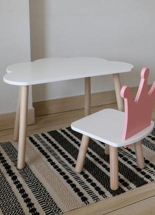 Комплект дитячий стіл хмаринка та стілець білий рожевий корона