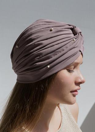 Чалма женская летняя из стрейч хлопка с натуральными жемчужинами d.hats кофейный