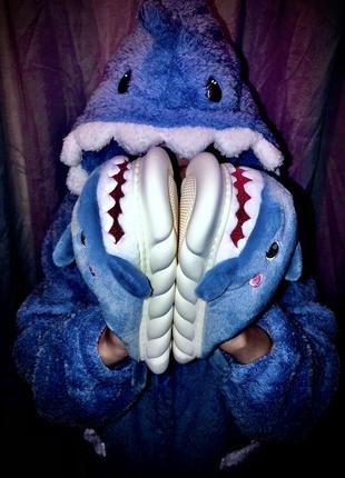 Плюшевий зимній теплий халат-піжама 🦈shark🦈з капцями