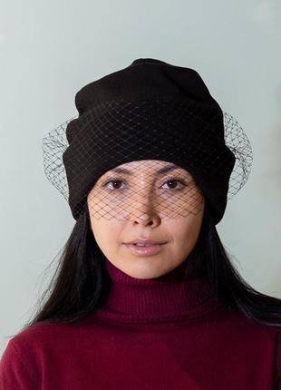 Шапка чулок в рубчик с вуалью демисезонная d.hats черного цвета