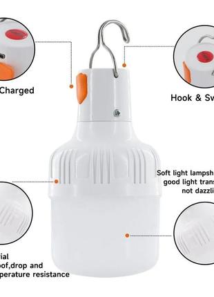 Светодиодная лампочка для кемпинга аккумуляторная с usb и крючком для подвешивания 60w