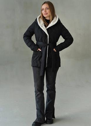 Зимова чорна жіноча куртка , пуховик з поясом , зимова куртка з еко хутром