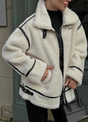 Трендова жіноча дублянка вільного крою 😻 модель з акцентними шкіряними вставками💕