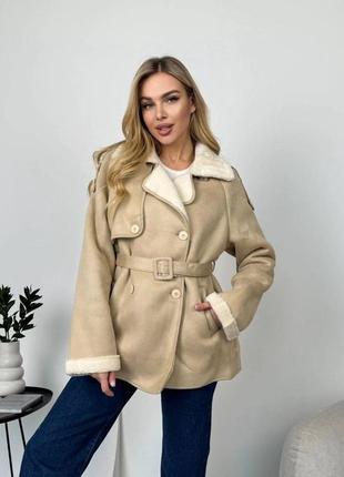 Жіноча еко дублянка замшева з хутром і поясом