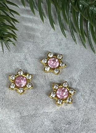 Пластиковий декор квіточка, 10 мм, колір страз - рожевий (основа золото), поштучно, рожевий