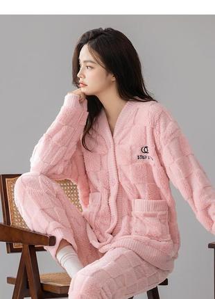 Жіноча тепла зимова  піжама зі штанами рожева