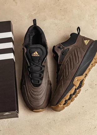 Мужские зимние кожаные кроссовки ботинки аdidas originals ozelia brown коричневые