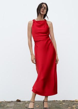 Красное атласное платье zara