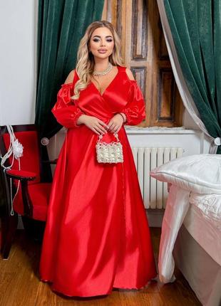 42-70р праздничное длинное платье атлас красный с длинным рукавом батал на запах