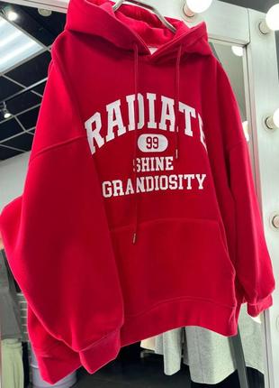 Худи оверсайз флисовая кофта с надписью radiate 99 с капюшоном теплая осенняя зимняя весенняя белый черный красный кенгуру карман