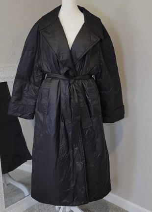 Трендовий чорний утеплений тренч - плащ zara m/l ; утепленный длинный тренч плащ зара м/л