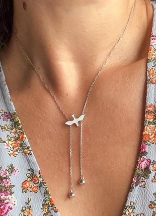 Колье серебряное птица с белой эмалью и подвесками, 925 проба