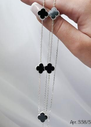 Срібне кольє клевер з оніксом (родій/ позолота)