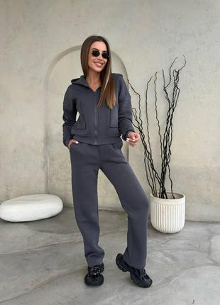 Жіночий флісовий костюм турецька тканина якісна чорний шоколадний сірий комплект худі зіпка з капюшоном і штани м'які теплі