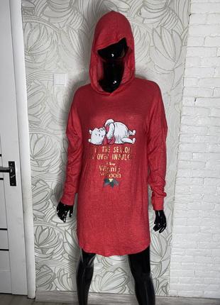 Ночнушка с капюшоном ночная рубашка на длинный рукав в принт винни пух disney, m-l